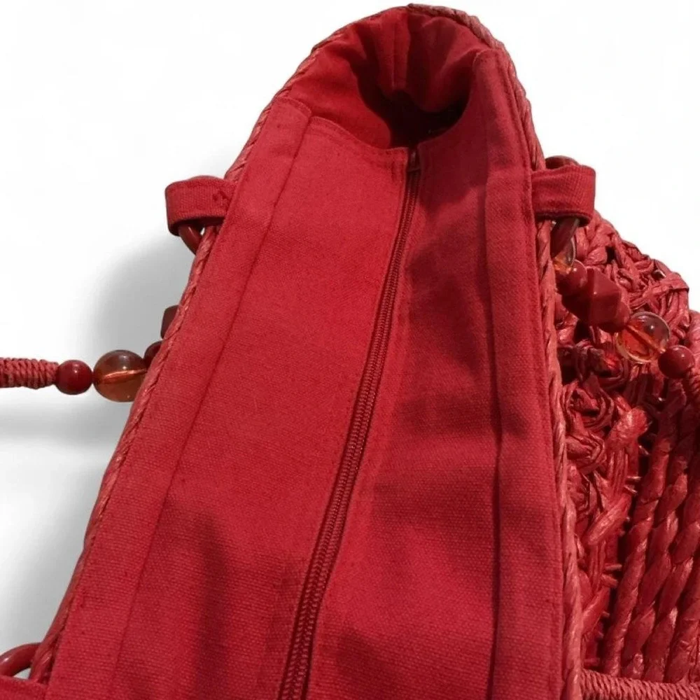 Chico's Straw Tote Bag Womens Red Woven Beaded Handle Zip Closure